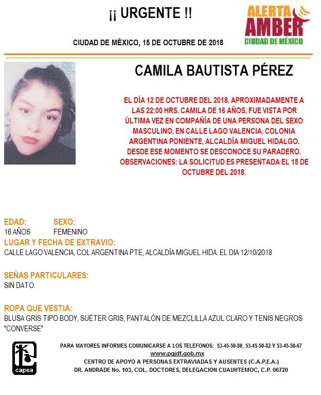 Piden ayuda para localizar a Camila Bautista Pérez