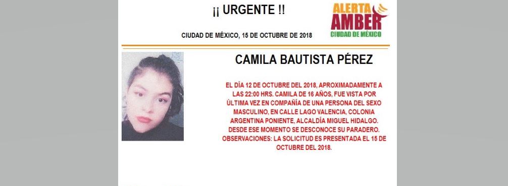 Alerta Amber: Ayuda para localizar a Camila Bautista Pérez