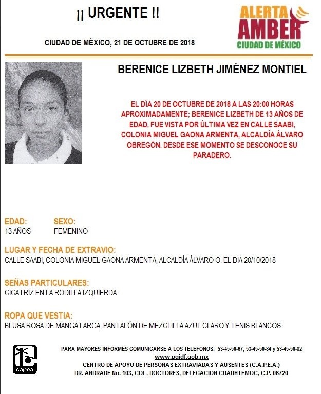 Alerta Ámber: para localizar a Berenice Lizbeth Jiménez Montiel