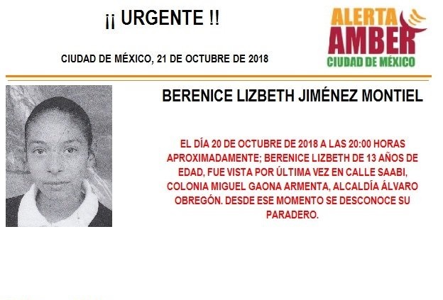 Alerta Ámber: para localizar a Berenice Lizbeth Jiménez Montiel