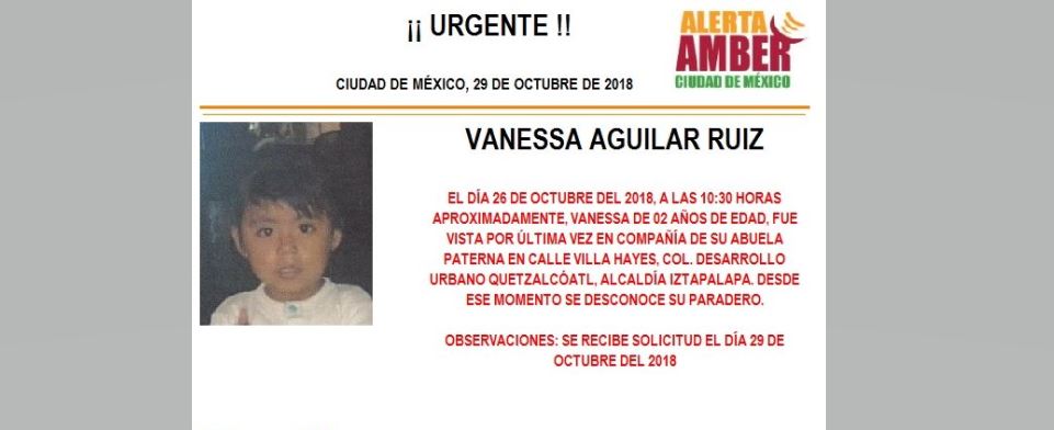 Alerta Amber: Ayuda a localizar a Vanessa Aguilar Ruiz de 2 años de edad