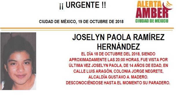 Alerta Amber: Piden ayuda para localizar a Joselyn Paola Ramírez, de 14 años