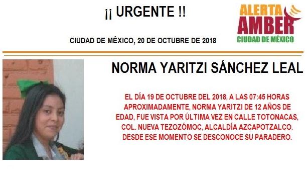 Alerta Amber: Piden ayuda para localizar a Norma Yaritzi Sánchez Leal, de 12 años