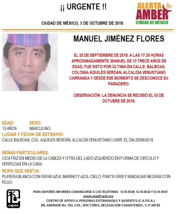 Desaparece Manuel Jiménez, de 13 años; activan alerta amber