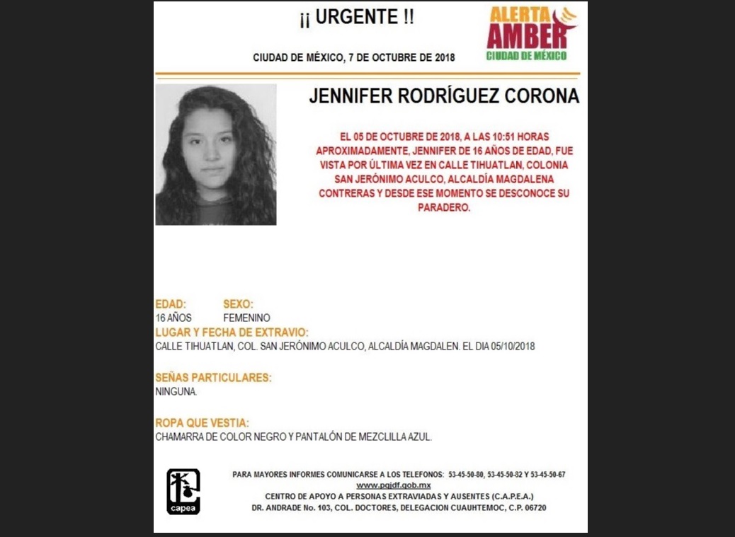 Alerta Amber: Ayuda a localizar a Jennifer Rodríguez Corona