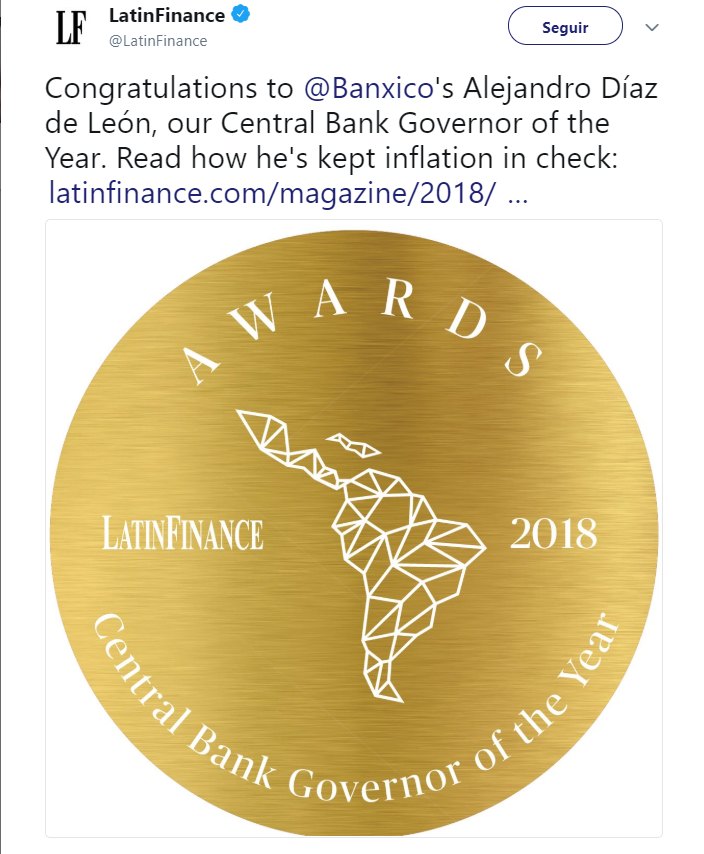 Díaz de León, Banquero Central del Año, según LatinFinance