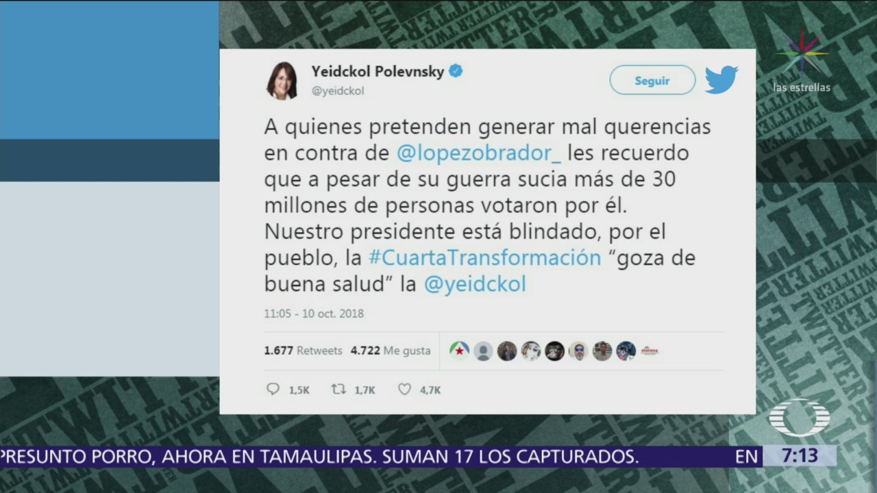 López Obrador goza de buena salud, dice Yeidckol Polevnsky