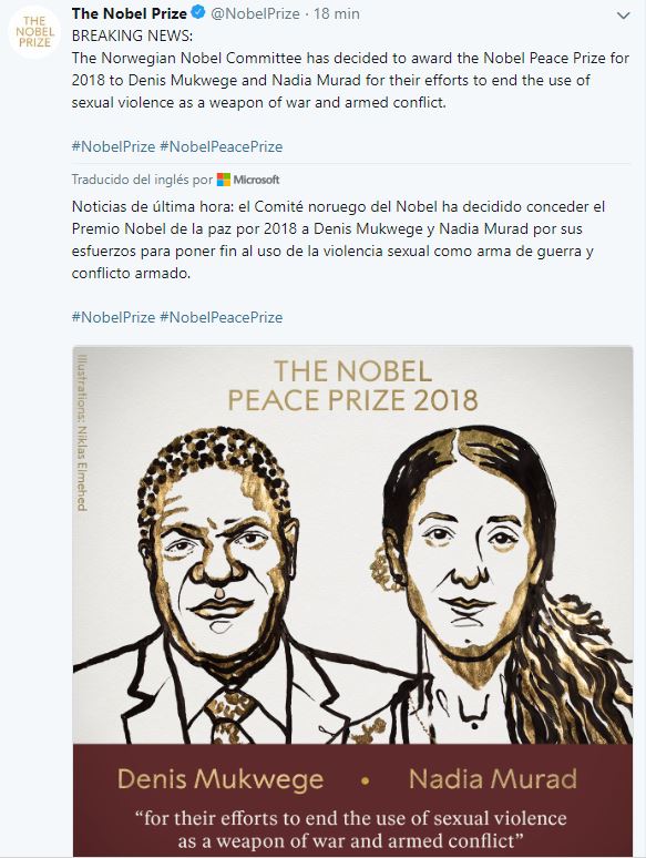  premio nobel de paz 2018 para denis-mukwege y nadia murad
