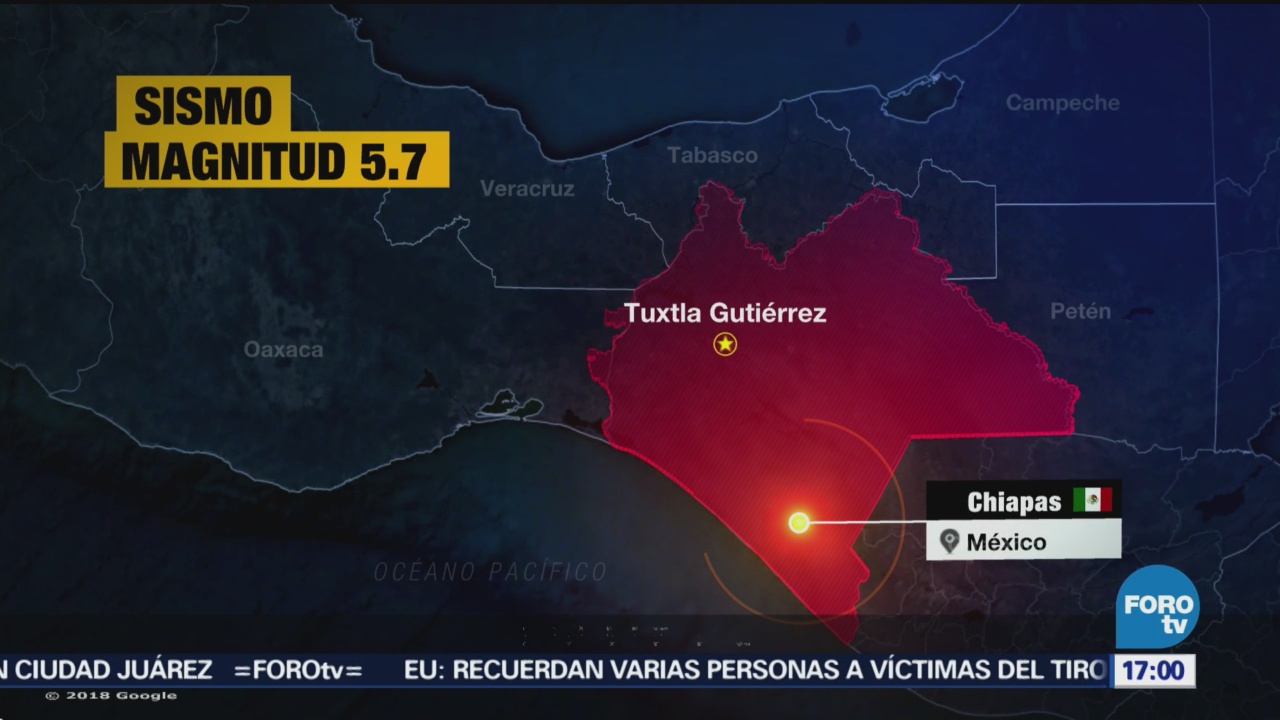 Reportan sismo de magnitud preliminar 5.7 en Chiapas