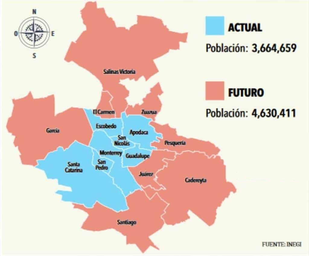 Se les considera municipios de ultracrecimiento a las entidades que se han desarrollado como una zona metropolitana en torno a la ciudad de Monterrey, capital de Nuevo León (El Horizonte/INEGI)