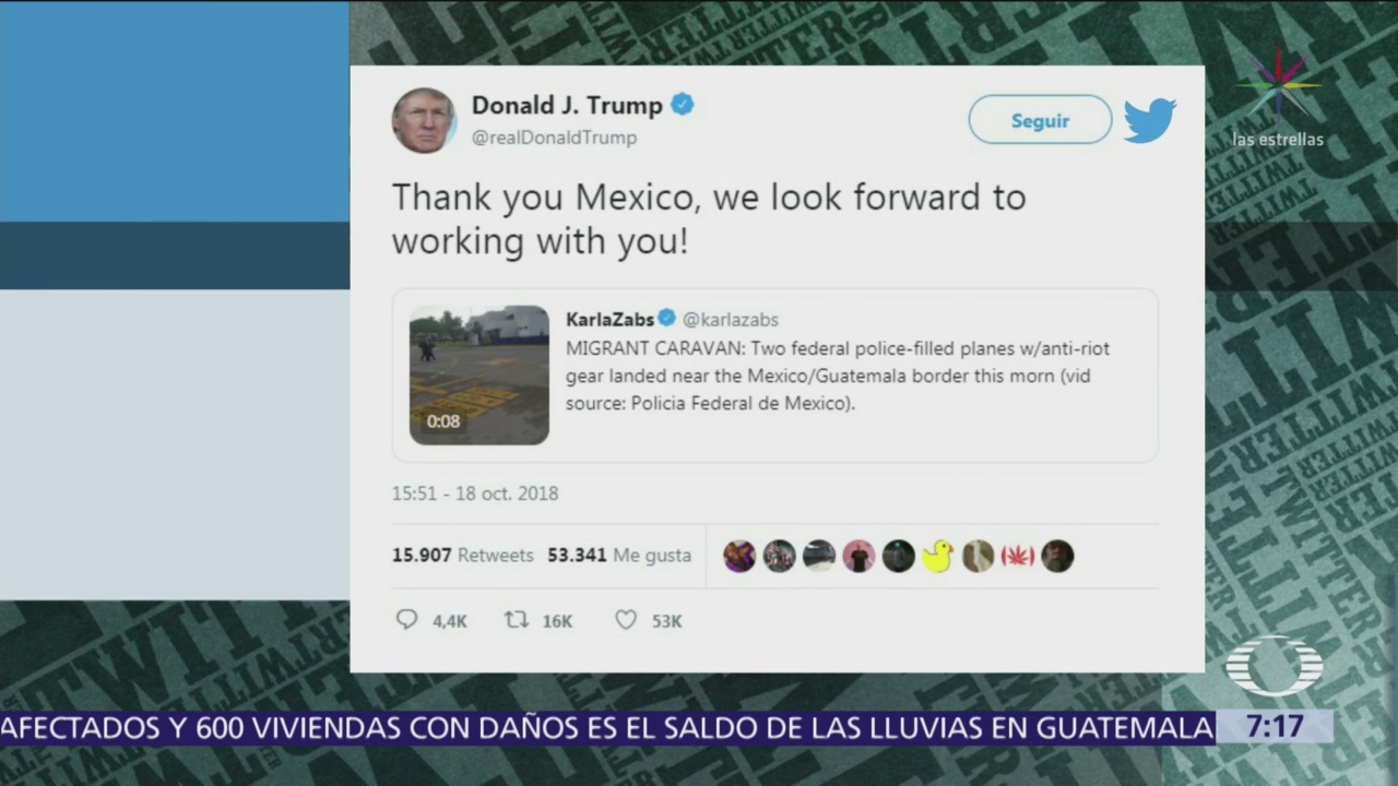 Trump agradece a México por respuesta a caravana de migrantes