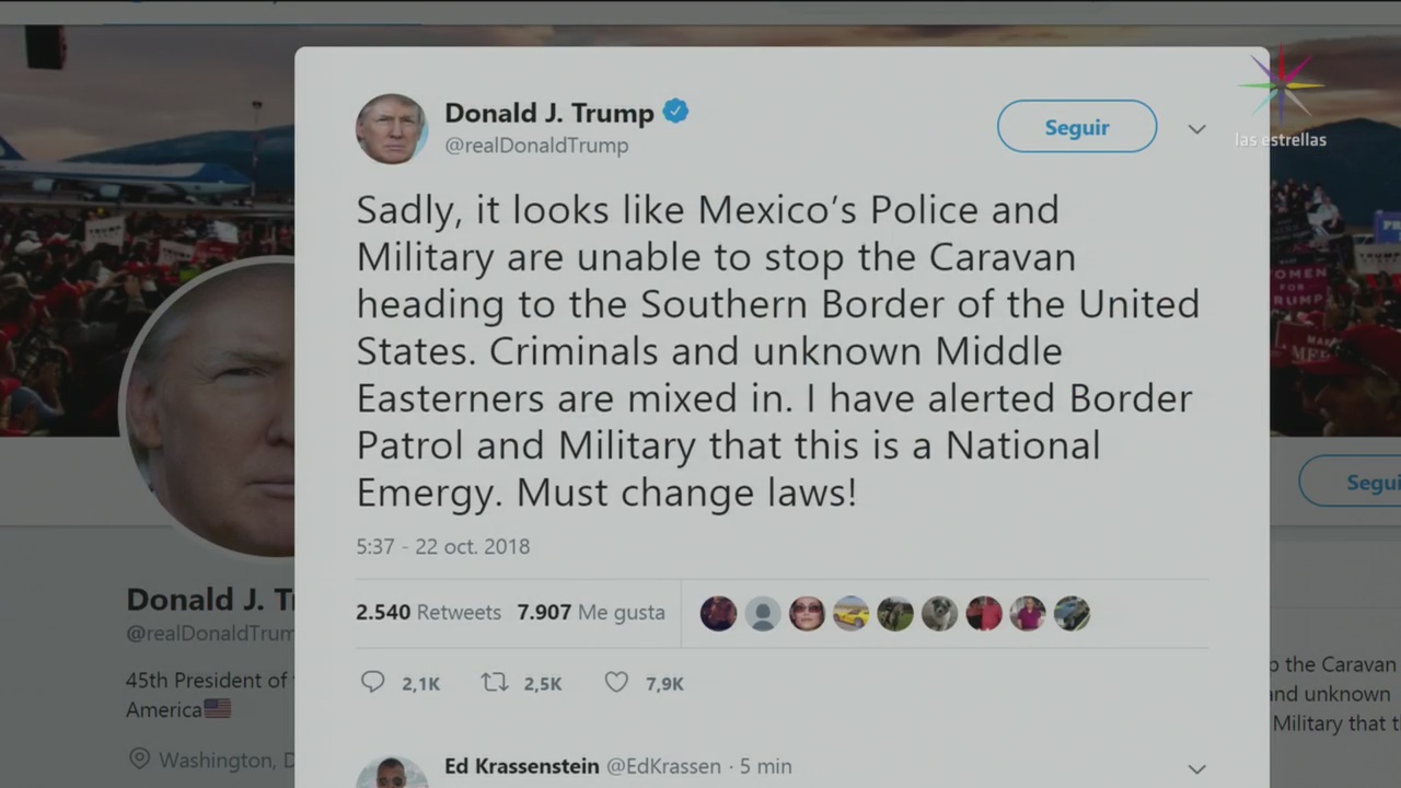 Trump denuncia que México no fue capaz de parar caravana de migrantes