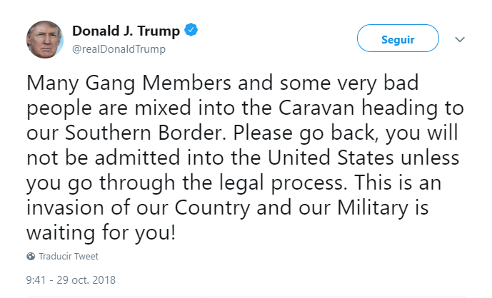 Trump tuitea nuevamente sobre la caravana migrante. (@realDonaldTrump)