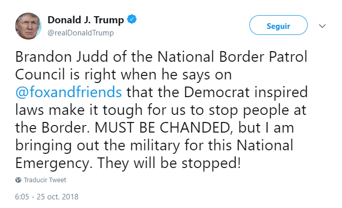 Trump tuitea nuevamente sobre la caravana migrante. (@realDonaldTrump)