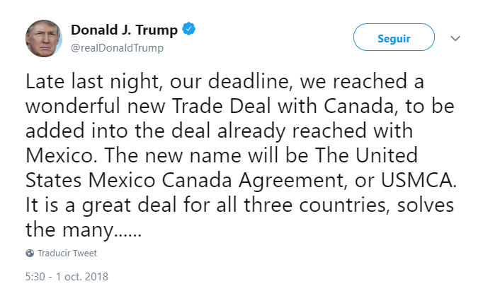 Tuit de Donald Trump sobre el acuerdo comercial trilateral. (@realDonaldTrump)