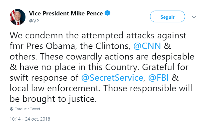 Tuit de Mike Pence sobre los paquetes sospechosos interceptados. (@VP)