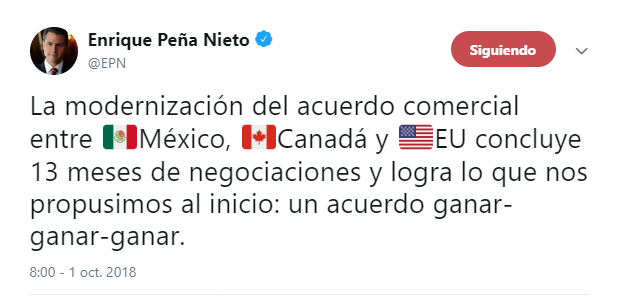 Tuit de Enrique Peña Nieto sobre USMCA