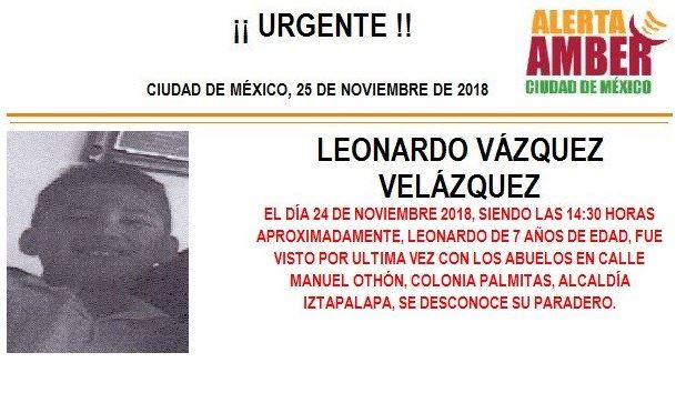 Alerta Amber: piden ayuda para localizar a Leonardo Vázquez