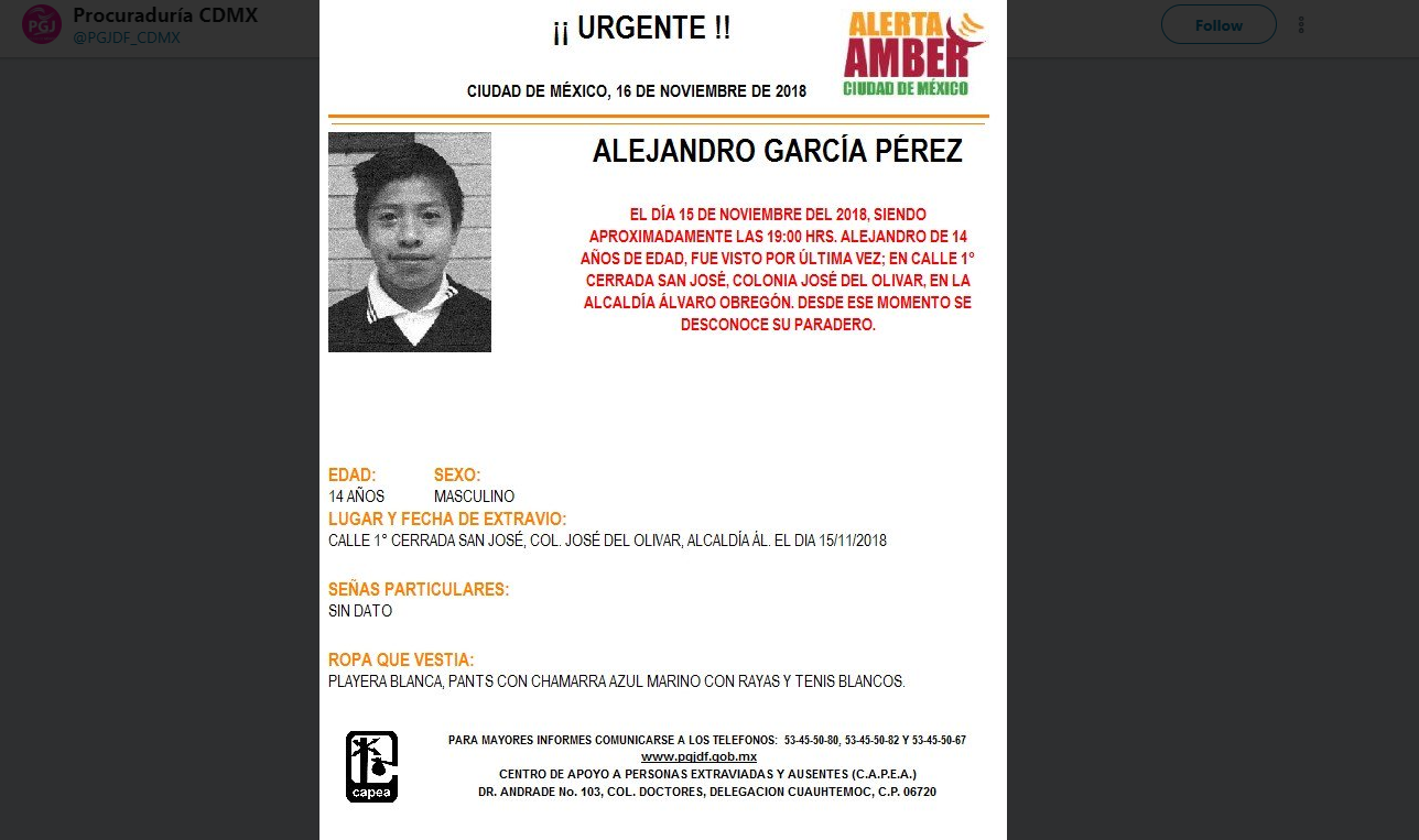 Alerta Amber: Buscan a Alejandro García Pérez, de 14 años