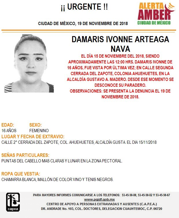 Alerta Amber para localizar a Damaris Ivonne Arteaga Nava