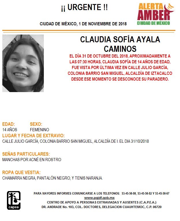 Alerta Amber localizar Claudia Sofía Ayala Caminos