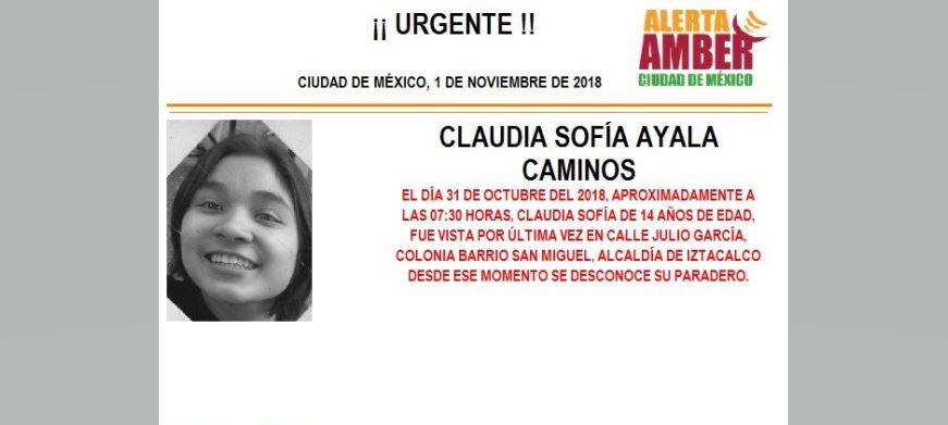 Alerta Amber localizar Claudia Sofía Ayala Caminos