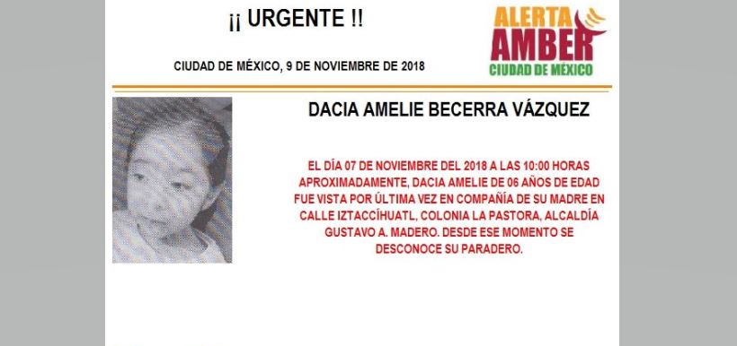 Alerta Amber: Ayuda a localizar a Dacia Amelie Becerra Vázquez