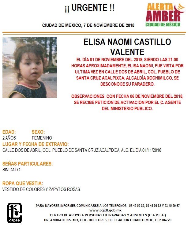 Alerta Amber para localizar a Elisa Naomi Castillo Valente