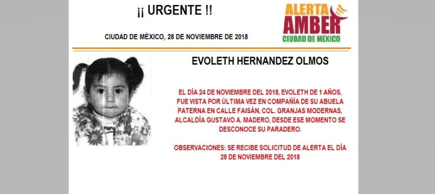 Alerta Amber para localizar a Evoleth Hernández