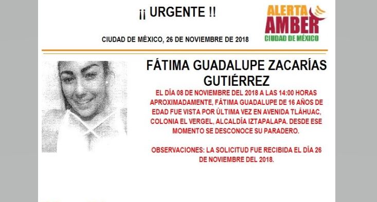 Alerta Amber: Ayuda a localizar a Fátima Guadalupe Zacarías Gutiérrez