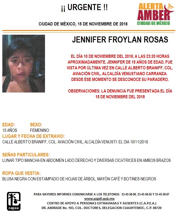 Alerta Amber para localizar a Jennifer Froylan Rosas