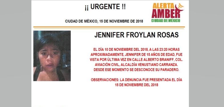 Alerta Amber para localizar a Jennifer Froylan Rosas