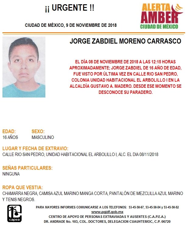 Alerta Amber para localizar a Jorge Zabdiel Moreno