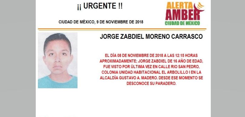 Alerta Amber: Ayuda a localizar Jorge Zabdiel Moreno Carrasco