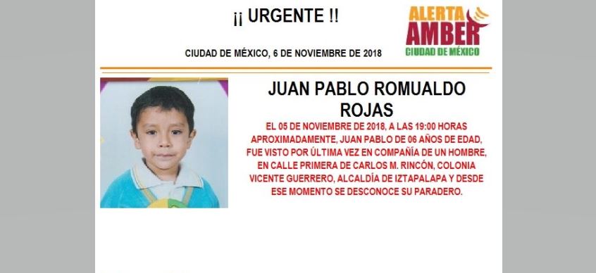 Alerta Amber para localizar a Juan Pablo Romualdo Rojas