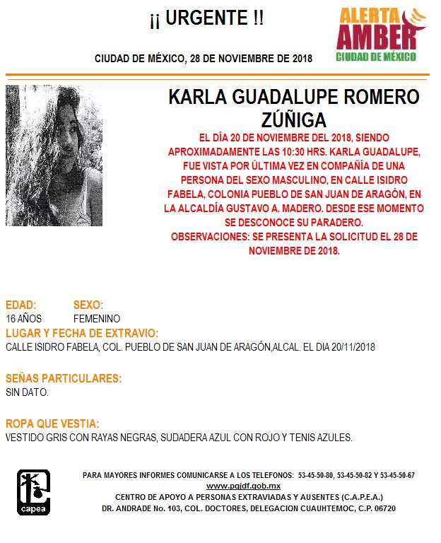 Alerta Amber para localizar a Karla Guadalupe Romero