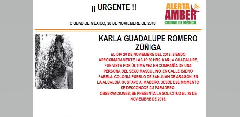 Alerta Amber: Ayuda a localizar a Karla Guadalupe Romero Zúñiga