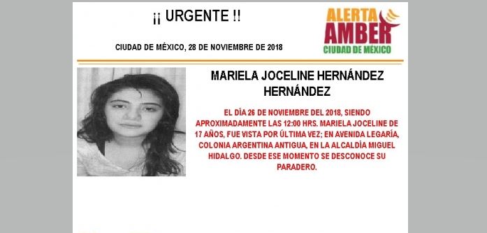 Alerta Amber para localizar a Mariela Joceline Hernández