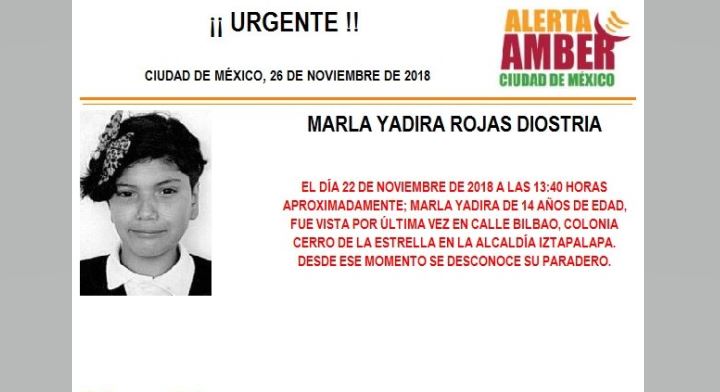 Alerta Amber: Ayuda a localizar a Marla Yadira Rojas Diostria