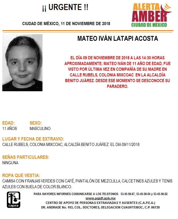 Alerta Amber para localizar a Mateo Iván Latapi Acosta