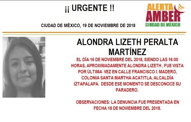 Alerta Ámber: Piden ayuda para localizar a Alondra Lizeth Peralta Martínez