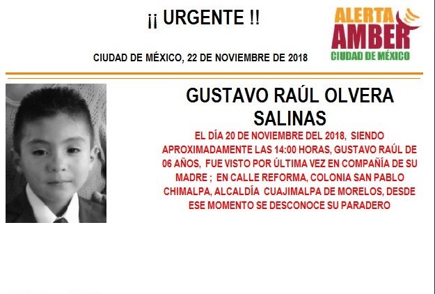 Alerta Ámber: Piden ayuda para localizar a Gustavo Raúl Olvera Salinas