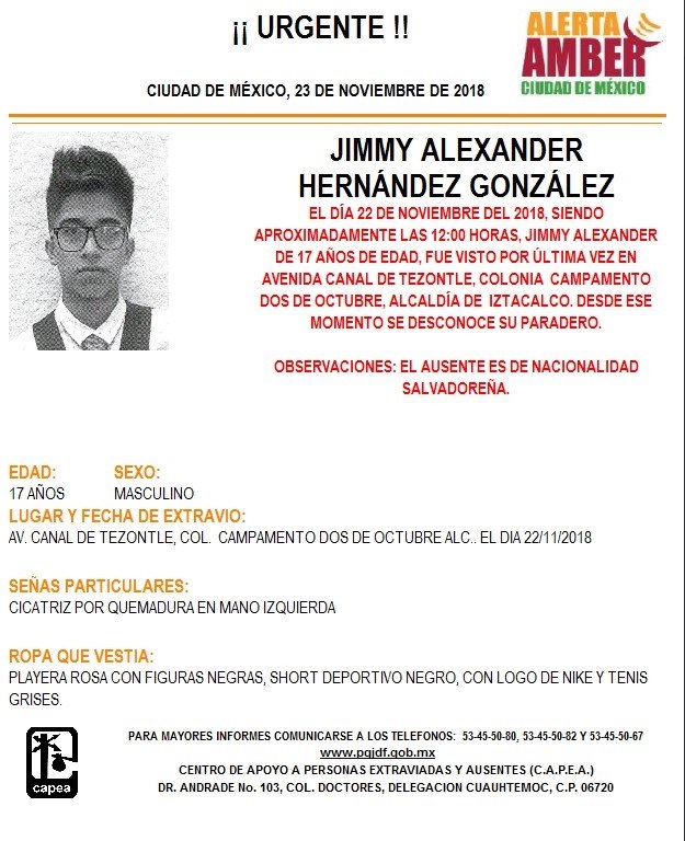 Alerta Ámber: Piden ayuda para localizar a Jimmy Alexander Hernández González