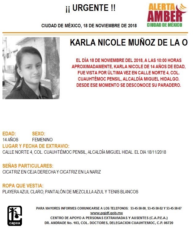 Alerta Amber: Piden ayuda para localizar a Karla Nicole Muñoz (Twitter @PGJDF_CDMX)