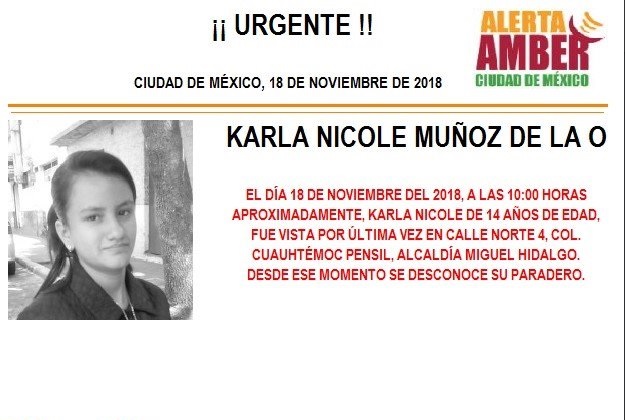 Alerta Ámber: Piden ayuda para localizar a Karla Nicole Muñoz
