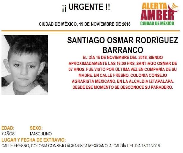 Alerta Amber para localizar a Santiago Osmar Rodríguez Barranco, de 7 años
