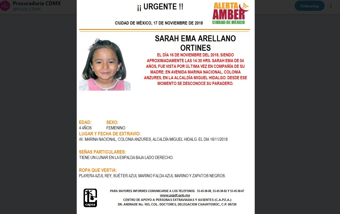 Alerta Amber Buscan a Sarah Ema Arellano Ortines, de 4 años