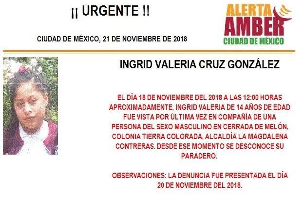 Alerta Amber para localizar a Ingrid Valeria Cruz González, de 14 años