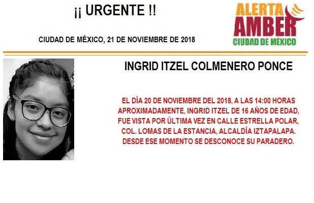 Alerta Amber para localizar a Ingrid Itzel Colmenero Ponce, de 16 años