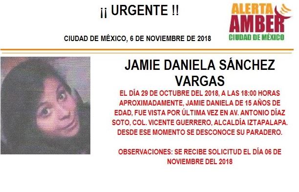 Alerta Amber: Piden ayuda para localizar a Jamie Daniela